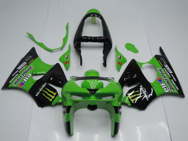 1998-1999 Kawasaki ZX6R Motorcycle Fairings - Green Glossy Black Yellow Elf Bridgestone Monster Australia