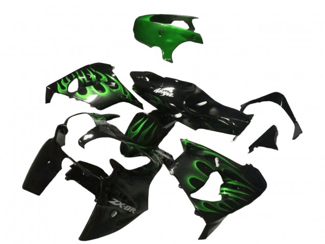 2000-2001 Kawasaki ZX9R Motorcycle Fairings - Glossy Black Green Flame Australia