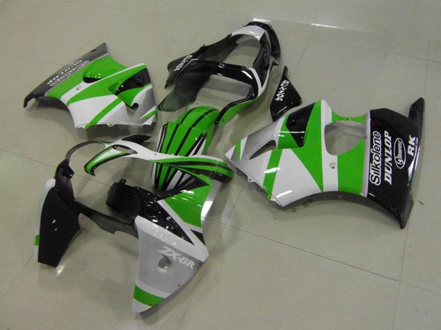 2000-2002 Kawasaki ZX6R Motorcycle Fairings - White Green Glossy Black Stripe Silkolene Dunlop Australia