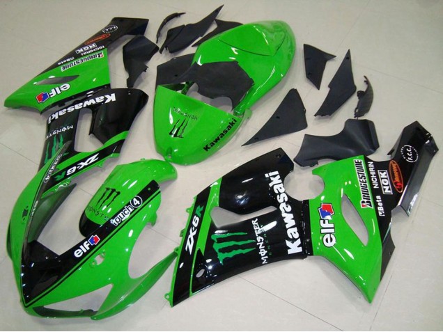 2005-2006 Kawasaki ZX6R Motorcycle Fairings - Green Glossy Black Elf Monster Australia