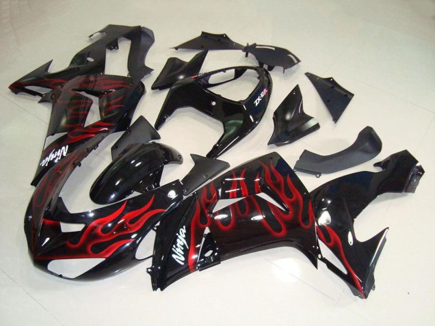2006-2007 Kawasaki ZX10R Motorcycle Fairings - Glossy Black Red Flame Australia
