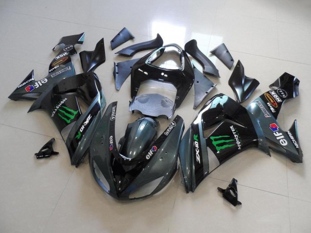 2006-2007 Kawasaki ZX10R Motorcycle Fairings - Glossy Black Matte Black Green Elf Touch4 Monster Energy Australia