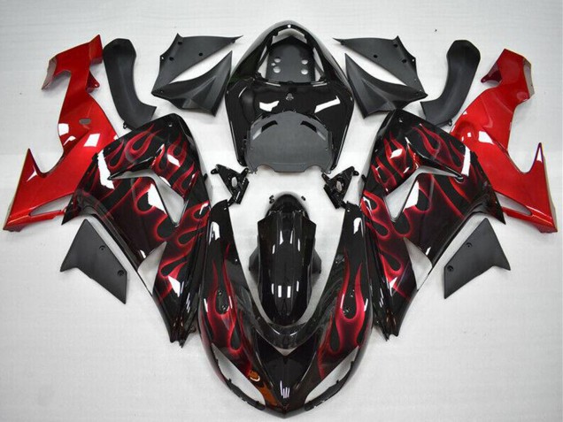 2006-2007 Kawasaki ZX10R Motorcycle Fairing - Glossy Black Red Flame Australia