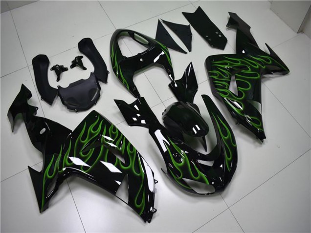 2006-2007 Kawasaki ZX10R Motorcycle Fairings - Glossy Black Green Flame Australia