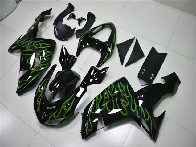 2006-2007 Kawasaki ZX10R Motorcycle Fairings - Glossy Black Green Flame Australia