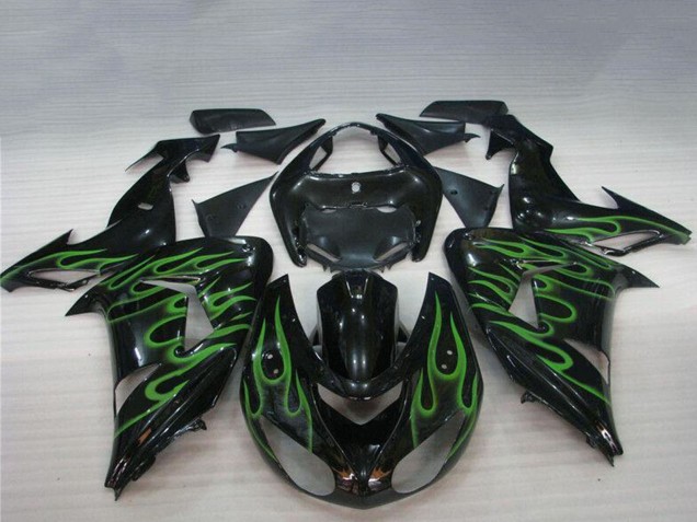 2006-2007 Kawasaki ZX10R Motorcycle Fairings - Glossy Black Green Flame Australia
