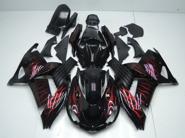 2006-2011 Kawasaki ZX14R ZZR1400 Motorcycle Fairings - Glossy Black Red Flame Australia