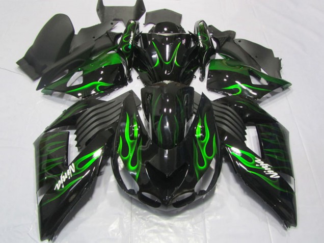 2006-2011 Kawasaki ZX14R ZZR1400 Motorcycle Fairings - Glossy Black Green Flame Australia