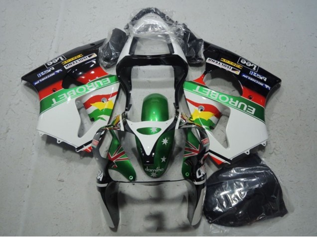 2000-2002 Kawasaki ZX6R Motorcycle Fairings - White Green Red Yellow Black Star EuroBet Australia