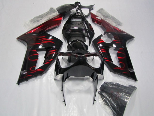 2003-2004 Kawasaki ZX6R Motorcycle Fairing - Glossy Black Red Flame Australia