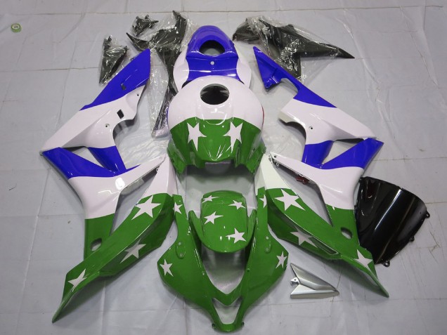 2007-2008 Honda CBR600RR Motorcycle Fairings - White Blue Green Stars Stripe Australia