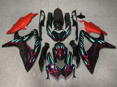 Affordable 2008-2010 Suzuki GSXR 600 / GSXR 750 Motorcycle Fairings - Glossy Black Red Cyan Flame Australia