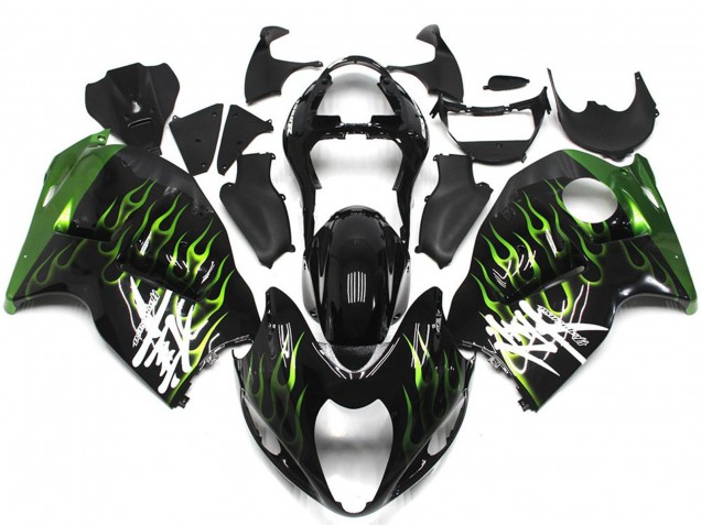 1996-2007 Suzuki GSXR 1300 Motorcycle Fairings - Glossy Black with Deep Green Flame Australia