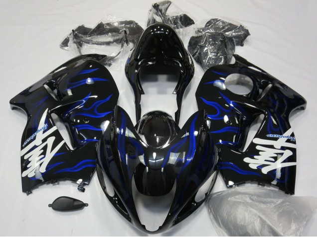 1996-2007 Suzuki GSXR 1300 Motorcycle Fairings - Glossy Black Blue Flame Australia