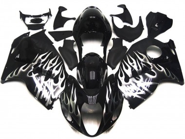 Affordable 1996-2007 Suzuki GSXR 1300 Motorcycle Fairings - Glossy Black with Silver Flame Australia