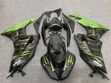 Affordable 2009-2012 Kawasaki ZX6R Motorcycle Fairings - Glossy Black Green Flame Australia