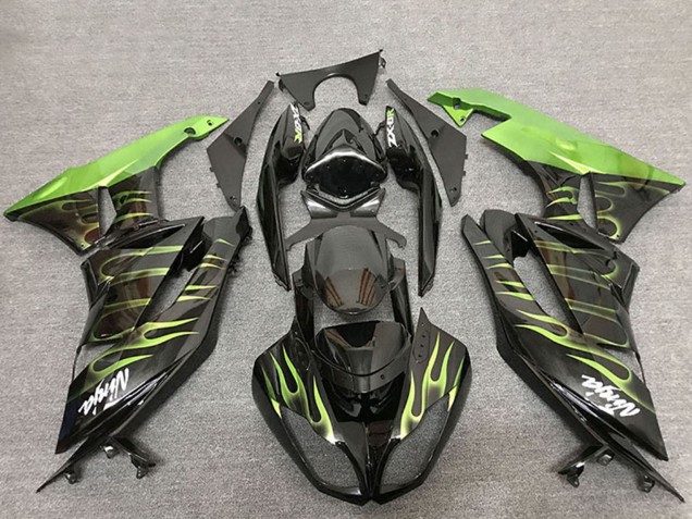 2009-2012 Kawasaki ZX6R Motorcycle Fairings - Glossy Black Green Flame Australia