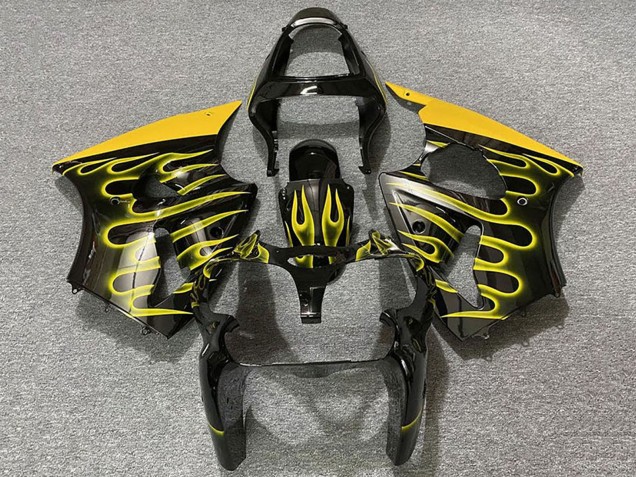 2000-2002 Kawasaki ZX6R Motorcycle Fairings - Glossy Black Yellow Flame Australia
