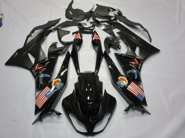 2009-2012 Kawasaki ZX6R Motorcycle Fairings - Glossy Black Matte Black American Flag Australia