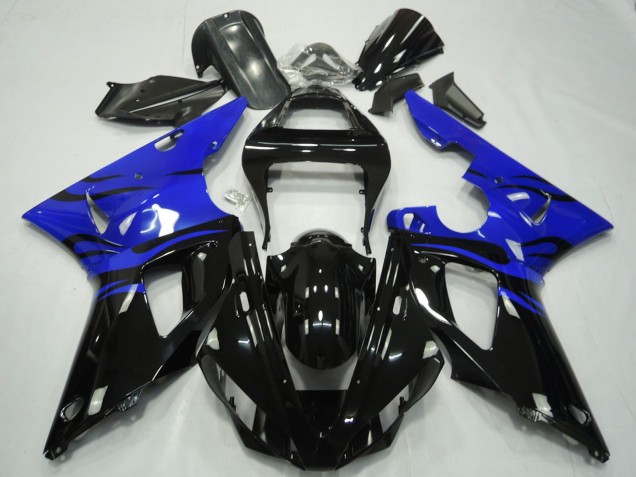 2000-2001 Yamaha R1 Motorcycle Fairings - Blue Glossy Black Flame Australia