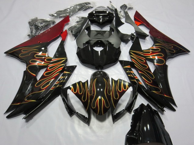 2008-2016 Yamaha R6 Motorcycle Fairings - Red Glossy Black Gold Flame Australia