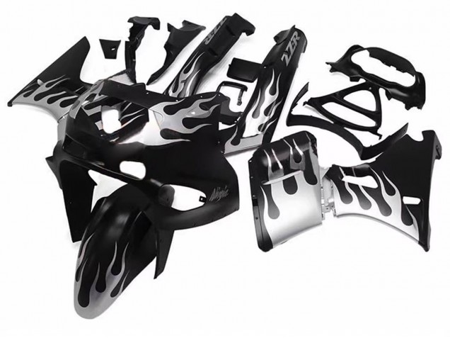 1998-2003 Kawasaki ZZR600 Motorcycle Fairings - Glossy Black Silver Flame Australia