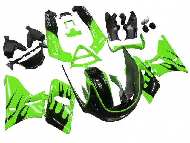 1993-2007 Kawasaki ZZR400 Motorcycle Fairings - Green Glossy Black Flame Australia
