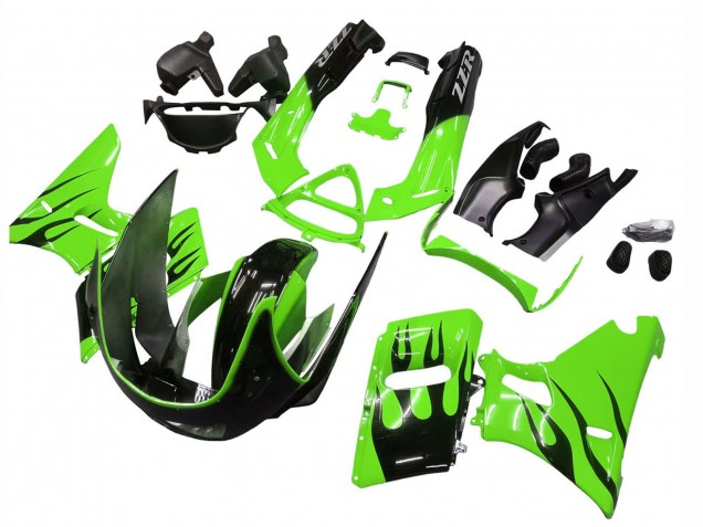 1998-2003 Kawasaki ZZR600 Motorcycle Fairings - Green Glossy Black Flame Australia
