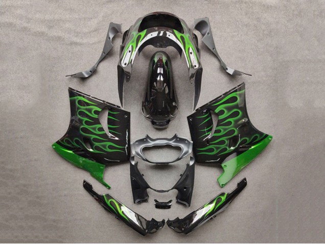 1993-2003 Kawasaki ZZR1100 Motorcycle Fairings - Glossy Black Green Flame Australia