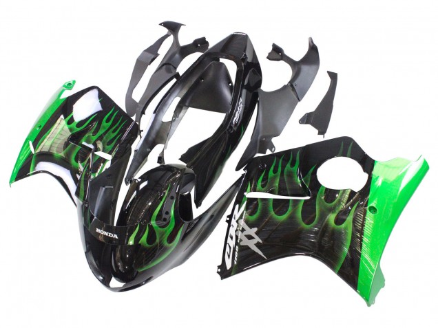 1996-2007 Honda CBR1100XX Blackbird Motorcycle Fairing - Glossy Black Green Flame Australia