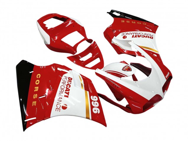 1993-2005 Ducati 996 Motorcycle Fairings - White Red Gold Glossy Black Corse Performance Australia