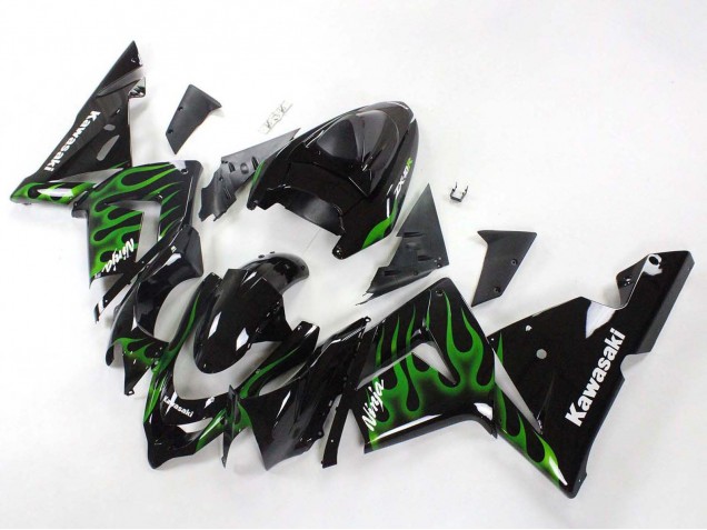 2004-2005 Kawasaki ZX10R Motorcycle Fairings - Black with Green Flame Ninja Australia