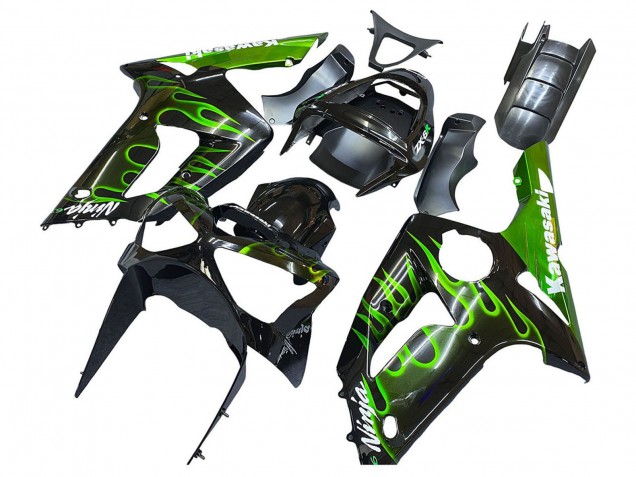 2003-2004 Kawasaki ZX6R Motorcycle Fairings - Glossy Black Green Flame Australia