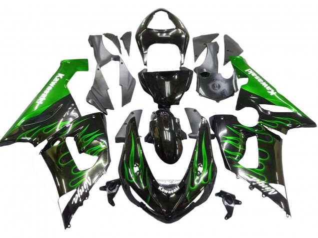 2005-2006 Kawasaki ZX6R Motorcycle Fairing - Glossy Black Green Flame Australia
