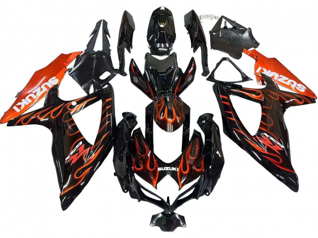 2008-2010 Suzuki GSXR 600 / GSXR 750 Motorcycle Fairings - Glossy Black Orange Flame Australia