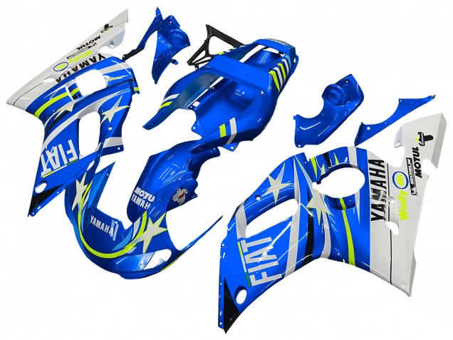 1998-2002 Yamaha YZF 600 R6 Motorcycle Fairings - White Blue Neon Yellow Fiat Motul Michelin Australia