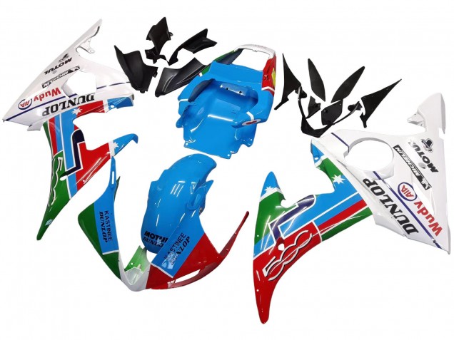 2005 Yamaha YZF 600 R6 Motorcycle Fairings - Light Blue White Green Red Kastinee Dunlop Motul Australia