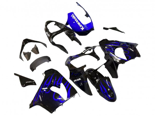2000-2001 Kawasaki ZX9R Motorcycle Fairings - Glossy Black Blue Flame White Australia
