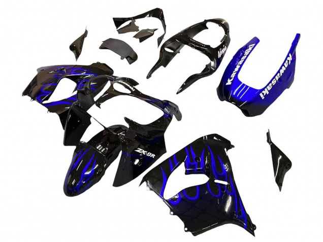 2000-2001 Kawasaki ZX9R Motorcycle Fairings - Glossy Black Blue Flame White Australia