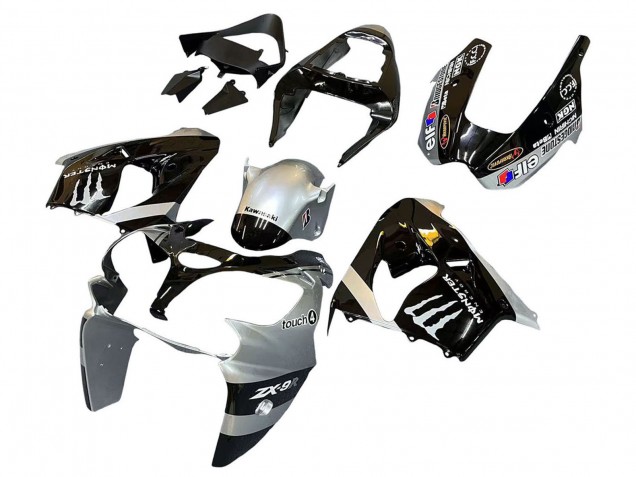 2002-2003 Kawasaki ZX9R Motorcycle Fairings - Silver Glossy Black Monster Elf Australia