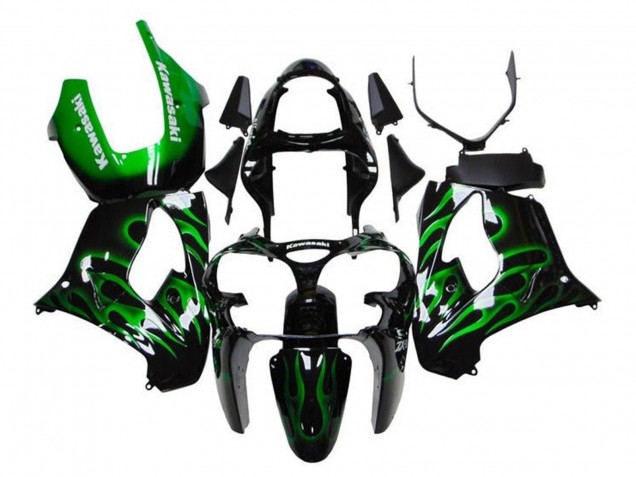 2000-2001 Kawasaki ZX9R Motorcycle Fairings - Glossy Black Green Flame White Australia
