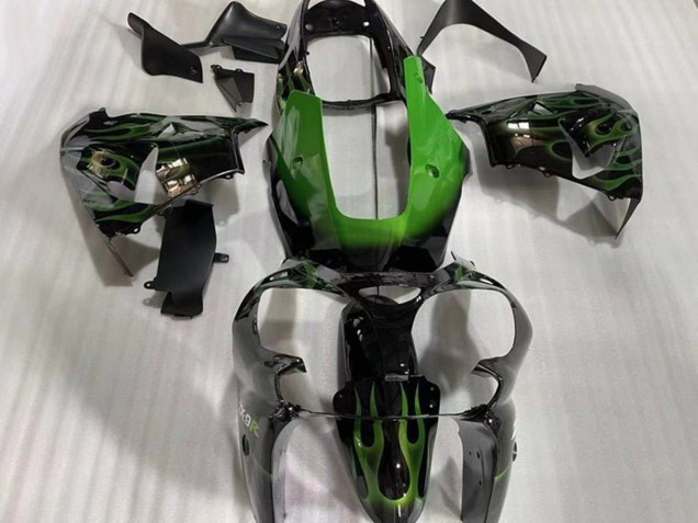 2002-2003 Kawasaki ZX9R Motorcycle Fairings - Glossy Black Green Flame Australia