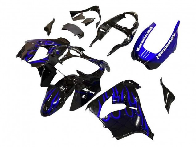 2002-2003 Kawasaki ZX9R Motorcycle Fairings - Black White with Blue Flame Australia