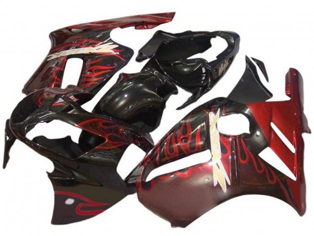 2000-2001 Kawasaki ZX12R Motorcycle Fairings - Glossy Black Red Flame Australia