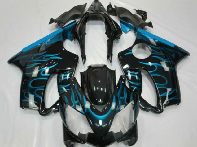 2001-2003 Honda CBR600 F4i Motorcycle Fairings - Glossy Black Light Blue Flame Australia