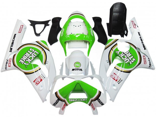 2003-2004 Kawasaki ZX6R Motorcycle Fairings - White Green Motul Lucky Strike Australia