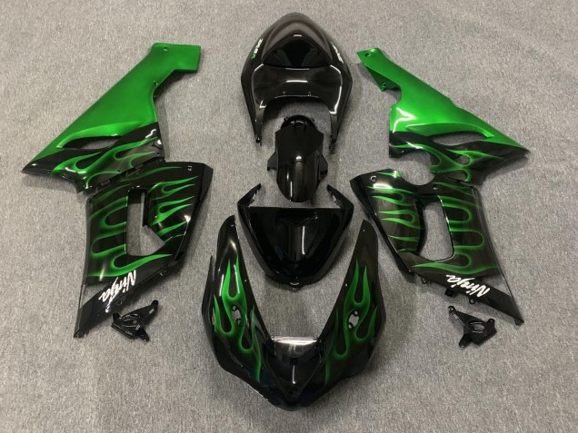 2005-2006 Kawasaki ZX6R Motorcycle Fairings - Glossy Black Green Flame Australia