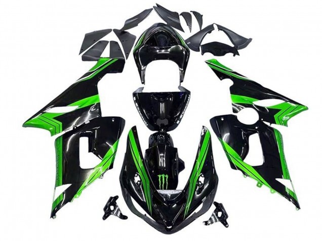 2005-2006 Kawasaki ZX6R Motorcycle Fairings - Green Glossy Black Monster Stripe Australia