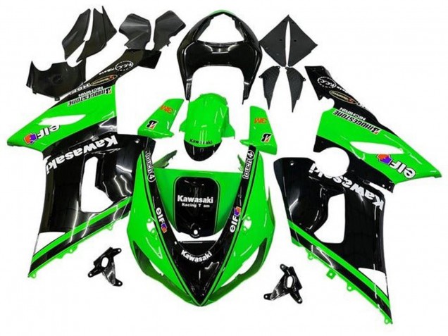 2005-2006 Kawasaki ZX6R Motorcycle Fairings - Glossy Black Green White Elf Touch4 Bridgestone Australia