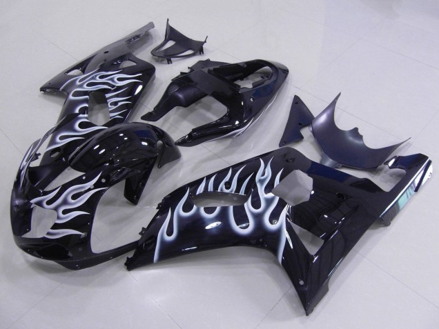 2001-2003 Suzuki GSXR 600 / GSXR 750 Motorcycle Fairings - Glossy Black White Flame Australia